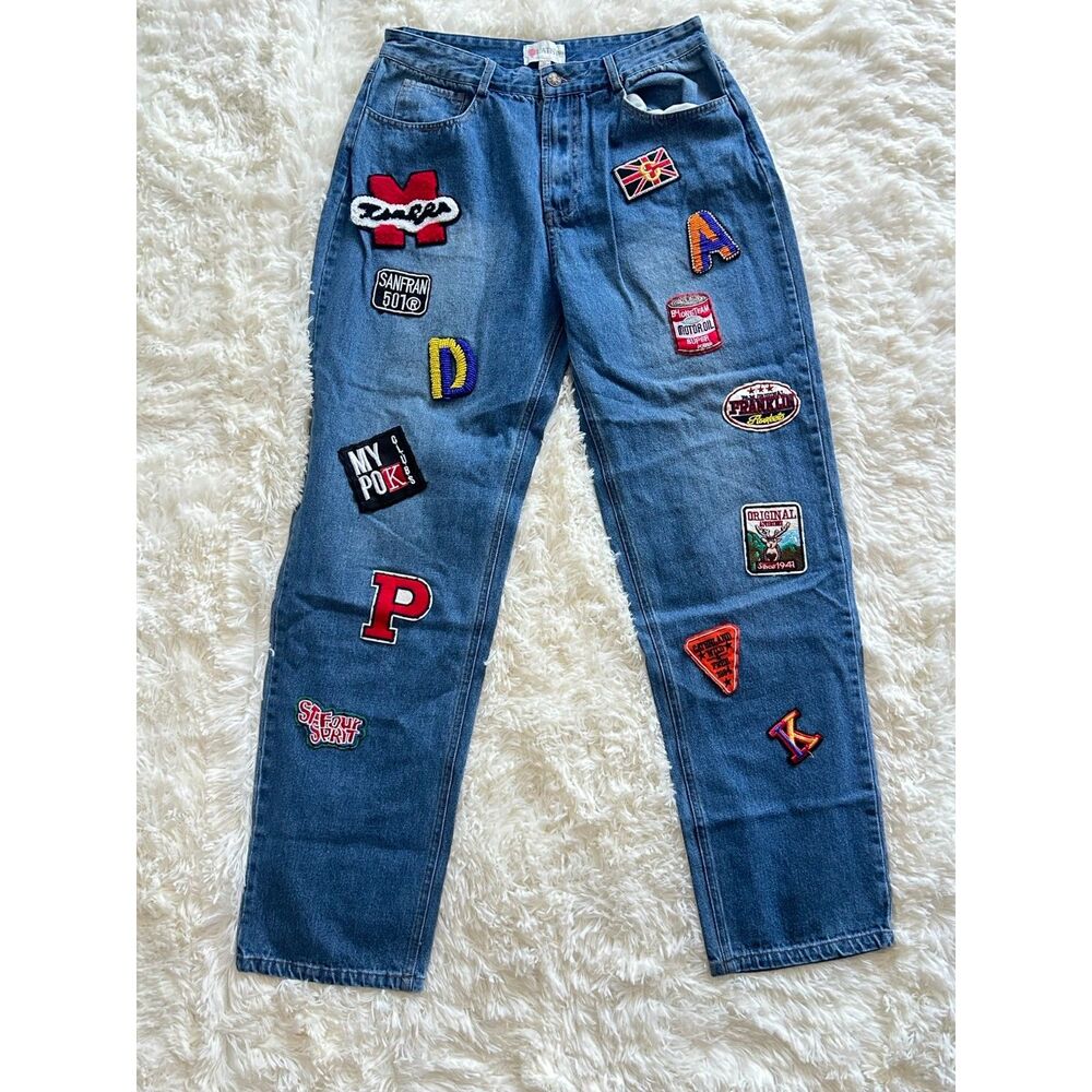 L'ATISTE By Amy Graphic Patchwork Straight Leg Jeans Blue Medium